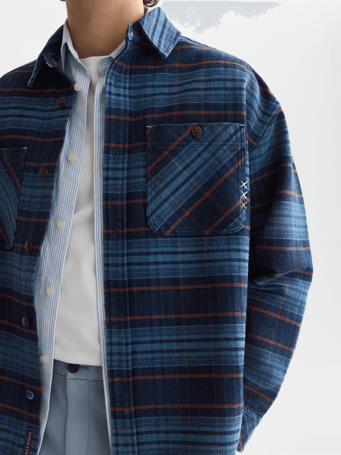 Checked Denim Loose-Fit Washed Overshirt