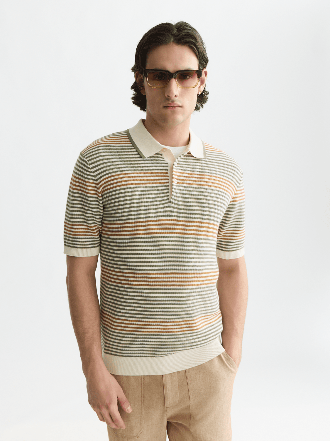 STRIPED STRUCTURED KNITTED REGULAR-FIT POLO