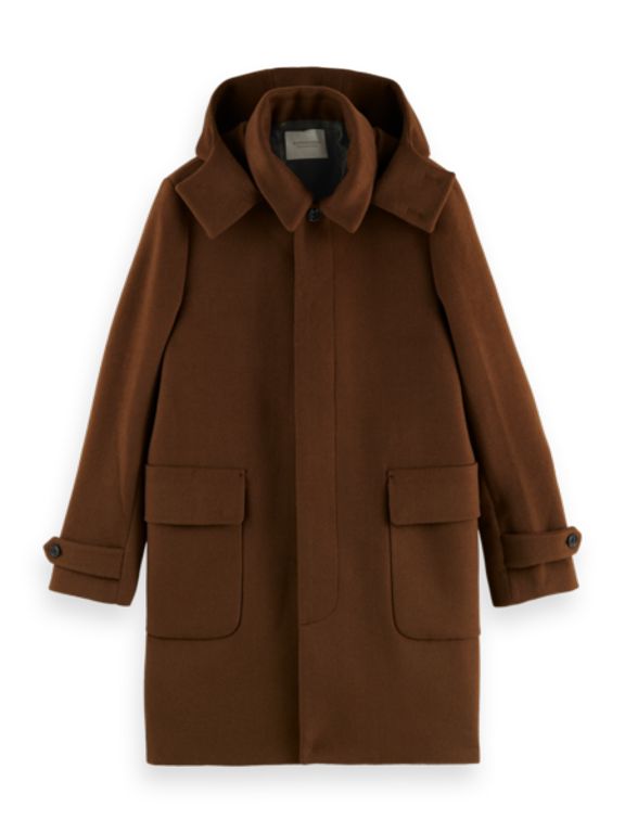 Long hooded wool-blend coat