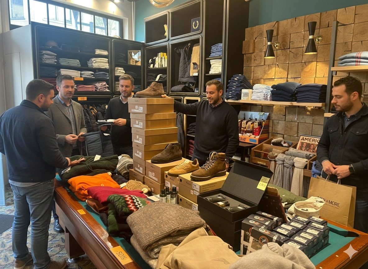 Drie mannen in een moderne kledingwinkel van Men & More in Ronse, bezig met een privé shoppingmoment. Een medewerker toont een donkerblauw colbert aan twee klanten. Op de voorgrond liggen kledingstukken op een biljarttafel en staan schoenendozen en andere accessoires uitgestald. Rechts is een houten rek met blouses en jassen te zien. De sfeer is exclusief en persoonlijk